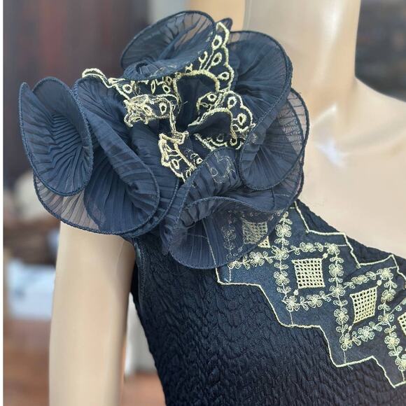 Vintage 1980's one shoulder Midi Formal Prom Dress Embroidered Gold Black Small - Picture 6 of 16